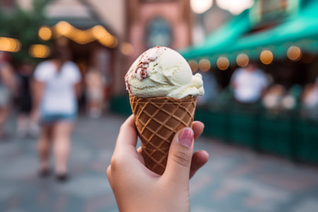 A person holds a sweet ice cream cone while having a blast at a vibrant and thrilling theme park. Generative AIの素材