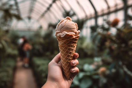 The flavors of nature while enjoying an ice cream cone at a botanical garden or arboretum. The beauty and tranquility of a lush garden oasis. Generative AIの素材