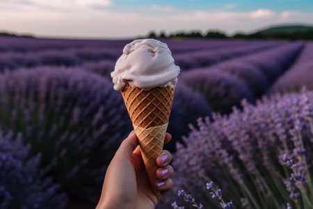 A person holding an ice-cream cone surrounded by rows of purple lavender plants. Generative AIの素材