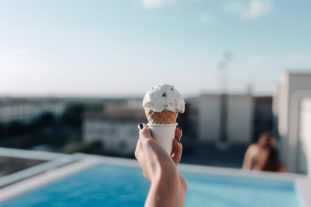A person indulges in a delicious ice cream cone while lounging on a rooftop pool deck with stunning views. Generative AIの素材