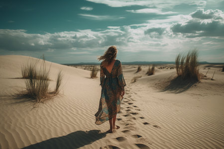 A boho girl walking at a sandy desert with wind surrounded by breathtaking swept sand dunes and vast open skies, rear view. Travel light with ease and let nature guide you concept. Generative AIの素材