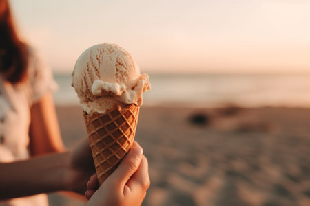 A person holding an ice cream cone in their hand while standing on a sandy beach with ocean waves in the background. Generative AIの素材