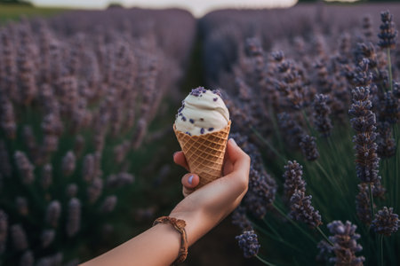 A person holding an ice-cream cone surrounded by rows of purple lavender plants. Generative AIの素材