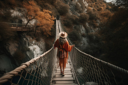 Boho girl walking at a suspension bridge over a canyon, rear view. Travel light with ease and let nature guide you concept. Generative AIの素材