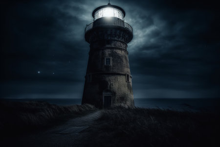 A dark and eerie lighthouse stands tall in the night, with a bright and ominous light shining from its tower. Generative AIの素材