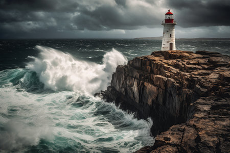 The strength and beauty of a lighthouse tower, perched on a rocky cliff and overlooking the endless blue of the ocean. Generative AIの素材
