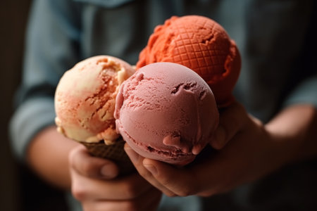 A person holds a ice cream cone while shopping at an outdoor marketplace with a variety of vendors. Generative AIの素材