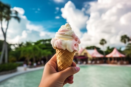 A person enjoys a creamy ice cream cone while taking in breathtaking views at a luxurious vacation destination. Generative AIの素材