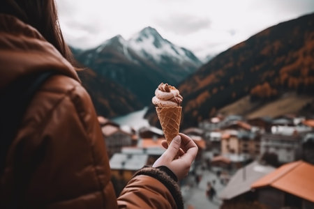 Taking a break from the adventure and relishing a scrumptious ice cream at a cozy mountain resort. Generative AI.の素材