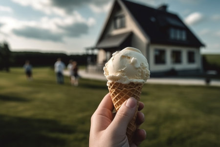 Eating Ice Cream at the golf course clubhouse. The leisurely pace and social aspect of a round of golf. Generative AIの素材