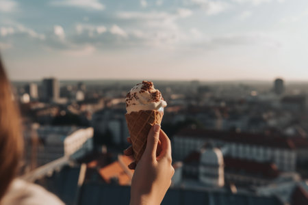 A person sitting on a rooftop terrace, holding an ice cream cone and enjoying the view of the city skyline or sunset. Generative AIの素材