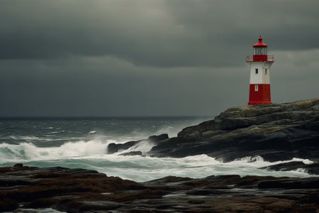 The strength and beauty of a lighthouse tower, perched on a rocky cliff and overlooking the endless blue of the ocean. Generative AIの素材