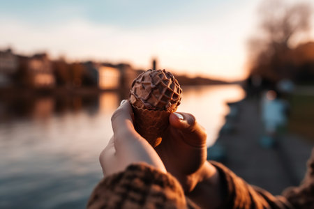 A refreshing ice cream treat while strolling along the picturesque riverfront promenade. The perfect summer day by the water.の素材