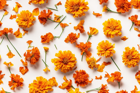 A playful and colorful flat lay featuring an assortment of orange marigold flowers arranged on a crisp white background. Perfect for holiday decorations or cheerful home decor. Generative AIの素材