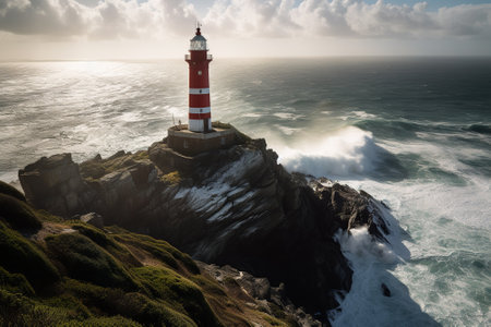 The strength and beauty of a lighthouse tower, perched on a rocky cliff and overlooking the endless blue of the ocean. Generative AIの素材