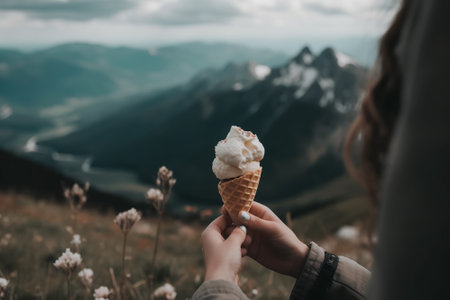 Taking a break from the adventure and relishing a scrumptious ice cream at a cozy mountain resort. Generative AI.の素材