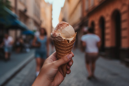 Enjoying the hustle and bustle of the city while savoring a mouthwatering ice cream at a sidewalk cafe. Generative AI.の素材