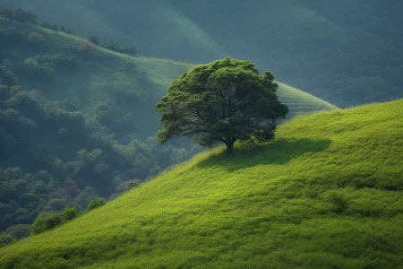 The beauty of a single tree surrounded by lush, green hills, creating a peaceful and serene scene. Generative AIの素材