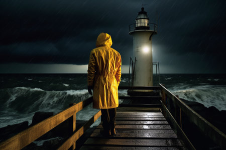 Back view of a man wearing yellow raincoat at a lighthouse, standing alone before an impending storm. Generative AIの素材