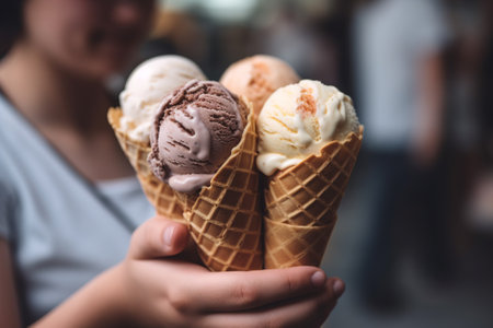 A person holds a ice cream cone while shopping at an outdoor marketplace with a variety of vendors. Generative AIの素材