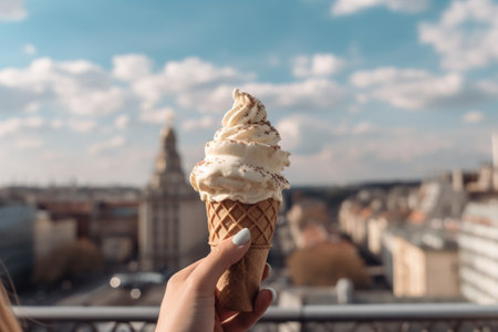 A person sitting on a rooftop terrace, holding an ice cream cone and enjoying the view of the city skyline or sunset. Generative AIの素材