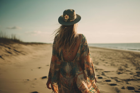 A boho girl walking at a sandy beach, surrounded by ocean and breathtaking cliffs views, rear view. Travel light with ease and let nature guide you concept. Generative AIの素材