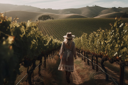 Boho girl walking at a vineyard with rows of grapevines and rolling hills, rear view. Travel light with ease and let nature guide you concept. Generative AIの素材