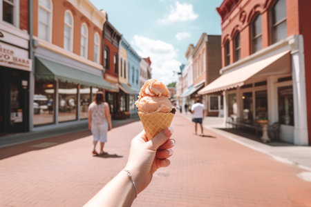 A person holds a delicious ice cream cone in their hand while strolling through a charming historic downtown district.の素材