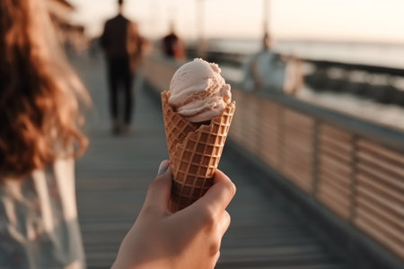 A person walking on a boardwalk or pier while holding an ice cream cone with a view of the ocean or beach in the background. Generative AIの素材