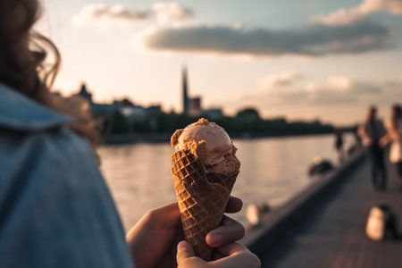 A refreshing ice cream treat while strolling along the picturesque riverfront promenade. The perfect summer day by the water.の素材