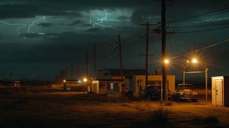 A cinematic portrayal of a small town rendered powerless by an electromagnetic pulse attack, leaving its inhabitants in darkness and chaos.の素材