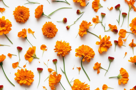 A playful and colorful flat lay featuring an assortment of orange marigold flowers arranged on a crisp white background. Perfect for holiday decorations or cheerful home decor. Generative AIの素材