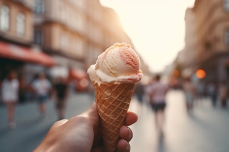 Enjoying the hustle and bustle of the city while savoring a mouthwatering ice cream at a sidewalk cafe. Generative AI.の素材