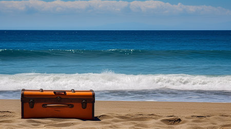 An empty sandy beach for copy space with a beach suitcase with holiday objects. Generative AI.の素材