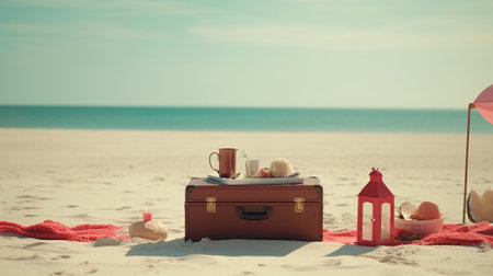 An empty sandy beach for copy space with a beach suitcase and holiday objects. Generative AI.の素材