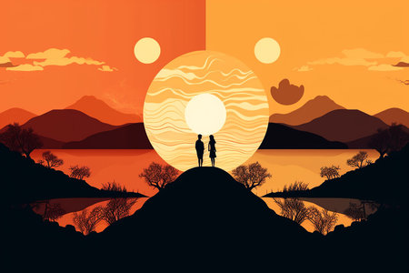 Day turns into night, silhouette couple meeting on hill. Generative AI.の素材