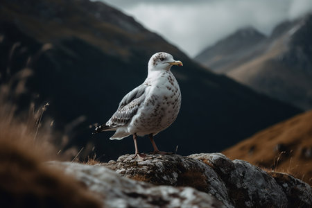 Seagull perching on a rocky outcrop surrounded by majestic mountains. Generative AI.の素材