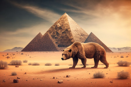 Brown bear in desert with pyramids. Wilderness and ancient civilization meeting. Generative AI.の素材