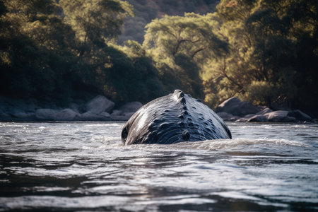 A surreal scene of a whale swimming in a river. Generative AI.の素材
