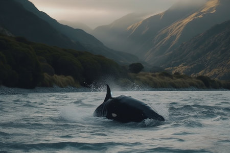 A surreal scene of a whale swimming in a river. Generative AI.の素材