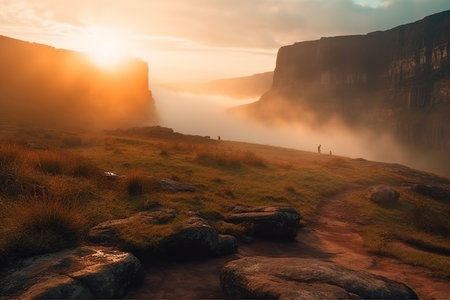 Majestic foggy sunrise at mountain plateau. Generative AI.の素材