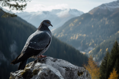 A pigeon stands majestically in the midst of stunning mountain scenery. Generative AI.の素材