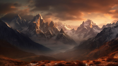 Majestic mountain peaks at foggy sunrise. Generative AI.の素材