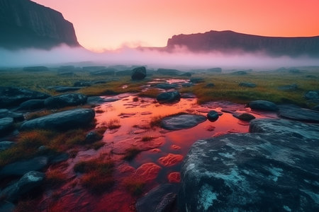 Red foggy sunrise over Roraima mountains. Epic view. Generative AI.の素材