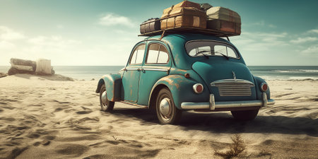 A generative AI illustration of an old car on a beach with luggage, featuring tropical symbolism.の素材