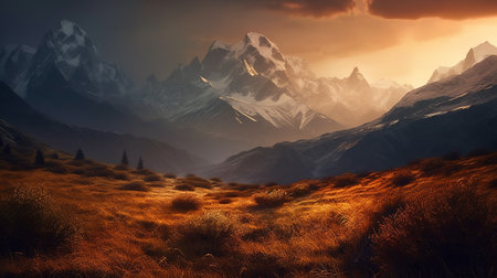Majestic mountain peaks at foggy sunrise. Generative AI.の素材