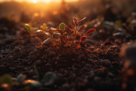 Green sprouts breaking through dawn sunrays. Generative AI.の素材