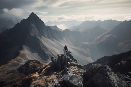 Adventurer at the mountain summit. Generative AI.の素材