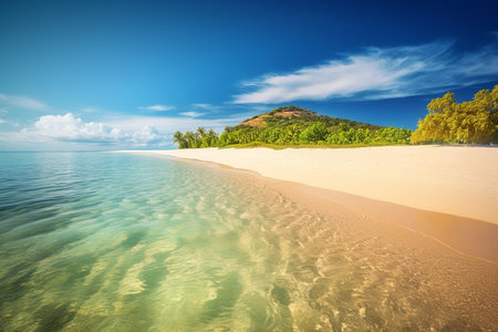 Tropical beach with blue sky and white clouds, perfect for summer vacation and travel. Generative AIの素材