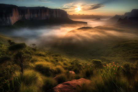 Majestic foggy sunrise at mountain plateau. Generative AI.の素材
